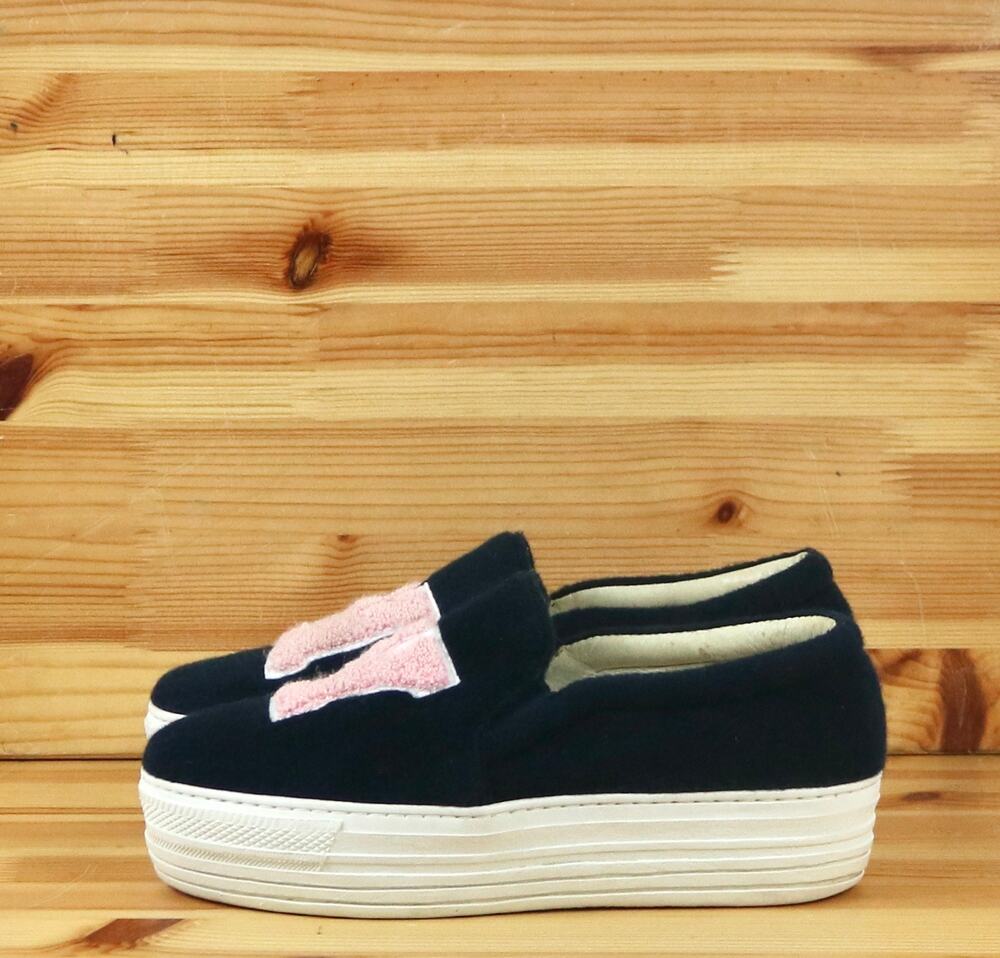 Joshua Sanders NY Felt Platform Slip Ons Black Leather Shoes Sz 36 Italy